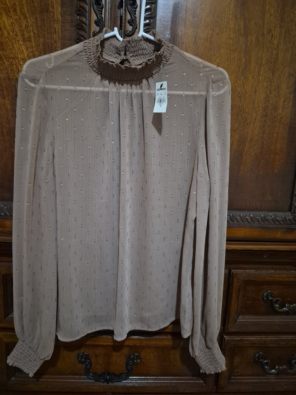 Express Women's Sheer Ruffled Neck Long-Sleeve Top - Taupe